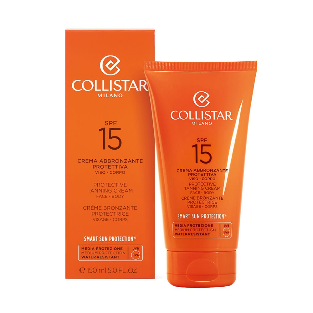 Tubo e confezione crema solare Collistar SPF 15, arancione.
