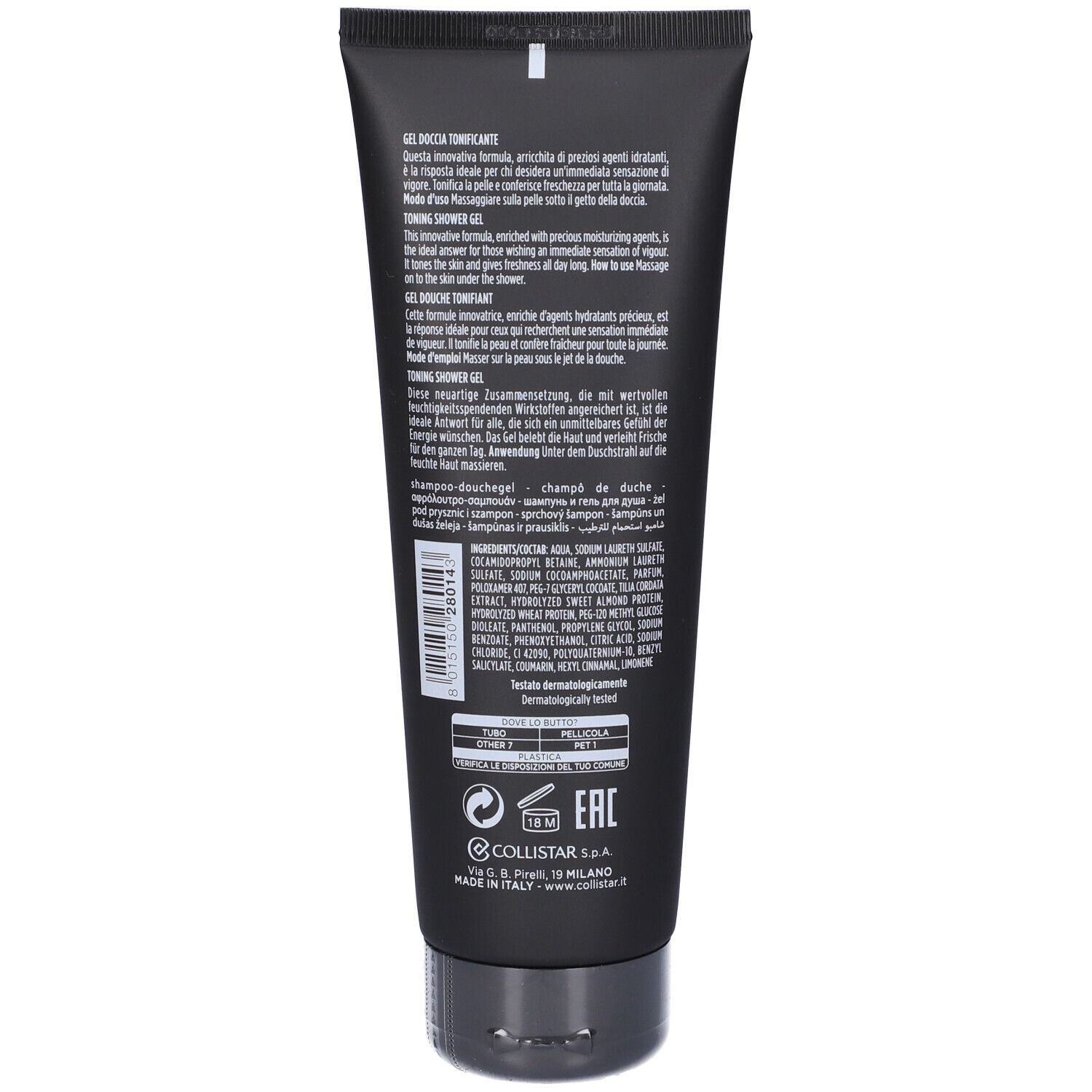 Retro del tubo nero. Testo multilingue. Ingredienti e loghi. Tappo nero.