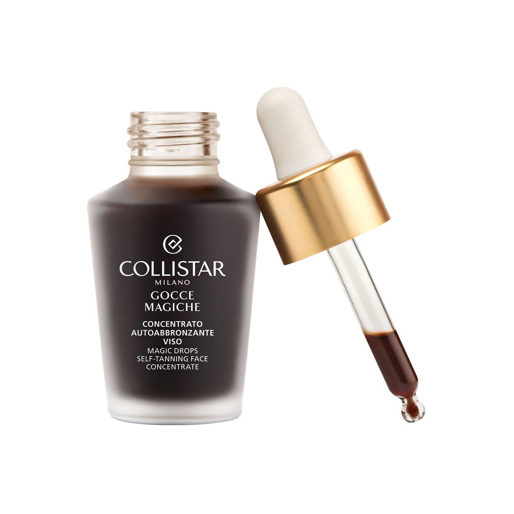 Flacone in vetro marrone con tappo dorato e contagocce. Contagocce con liquido marrone. Scritta: Collistar.