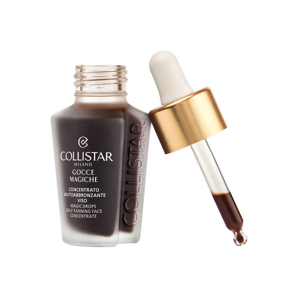 Flacone in vetro marrone con tappo dorato e contagocce. Contagocce con liquido marrone. Scritta: Collistar.