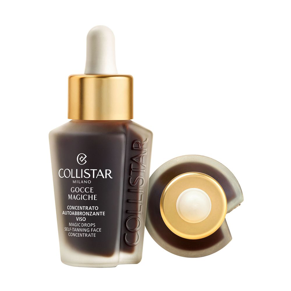 Flacone in vetro marrone con tappo dorato e contagocce. Coperchio accanto. Scritta: Collistar, Gocce Magiche.