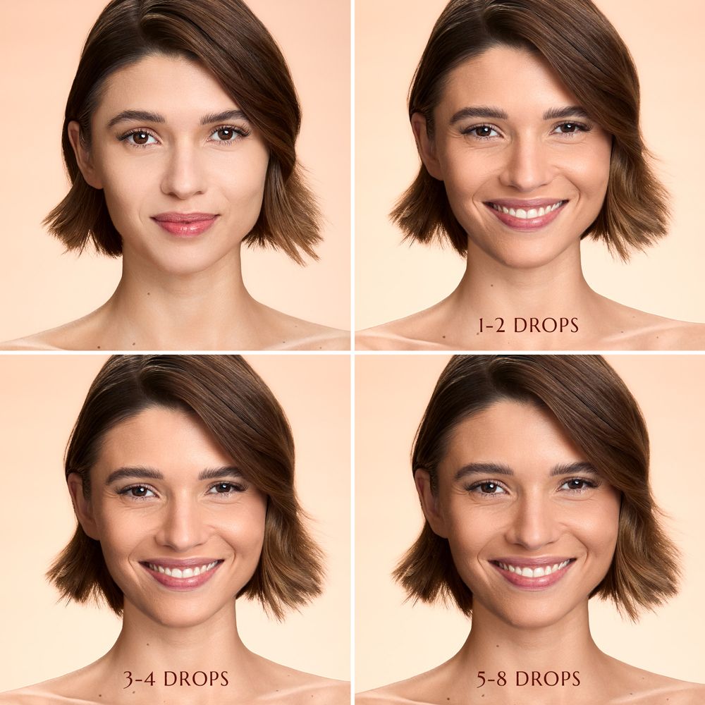 Confronto prima-dopo. Donna con incarnato abbronzato. Testo: 1-2 DROPS, 3-4 DROPS, 5-8 DROPS.