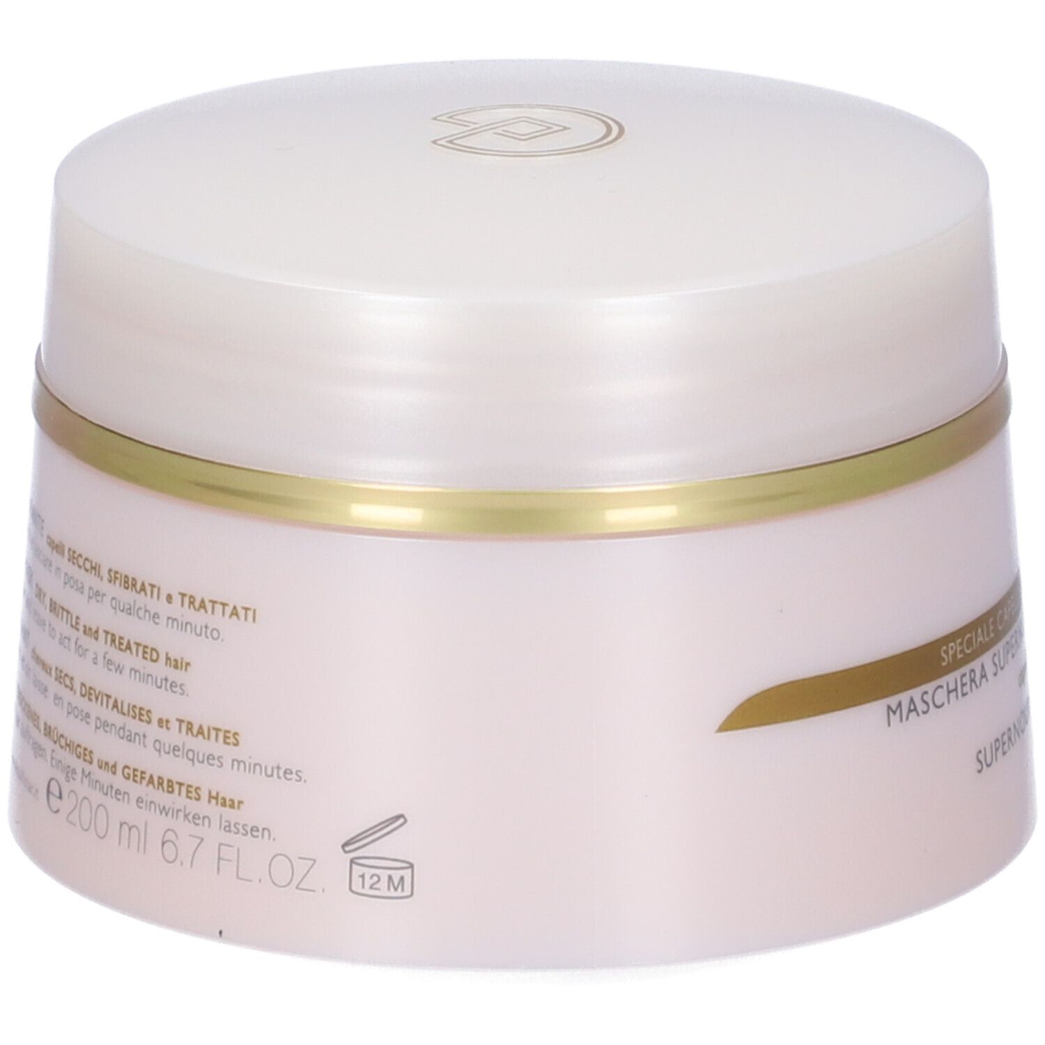 Vaso di crema con coperchio. Scritta: COLLISTAR, Maschera Supernutriente Ristrutturante. 200 ml, 6.7 FL.OZ. Simbolo 12M.