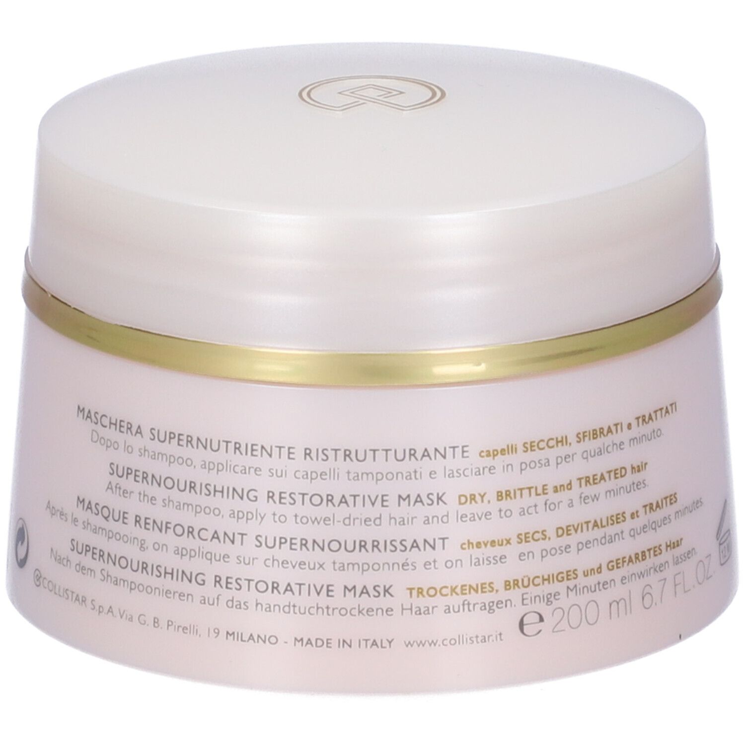 Vaso di crema con coperchio. Scritta: COLLISTAR, Maschera Supernutriente Ristrutturante. Testo multilingue.