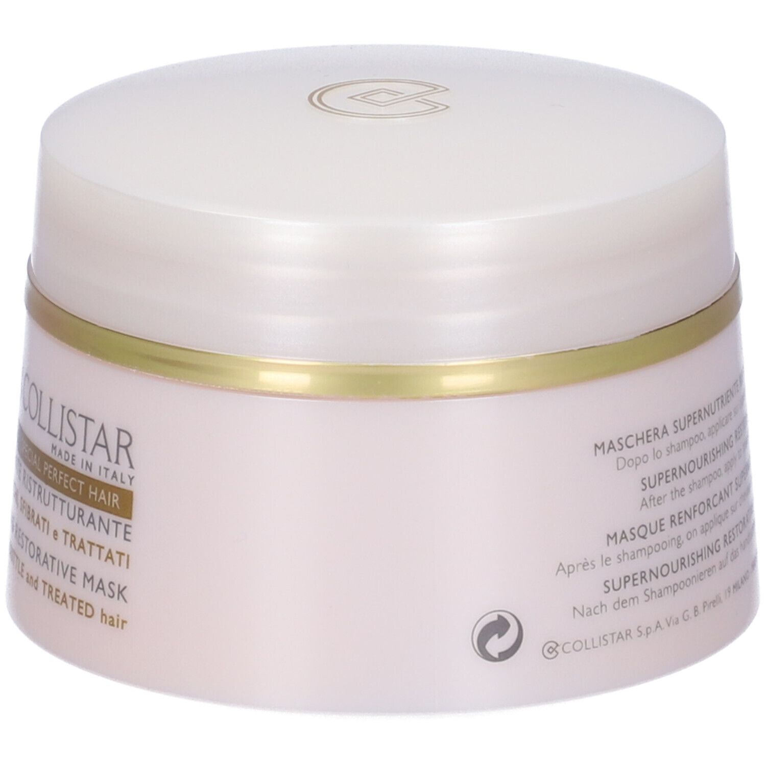 Vaso di crema con coperchio. Scritta: COLLISTAR, Maschera Supernutriente Ristrutturante. Made in Italy.