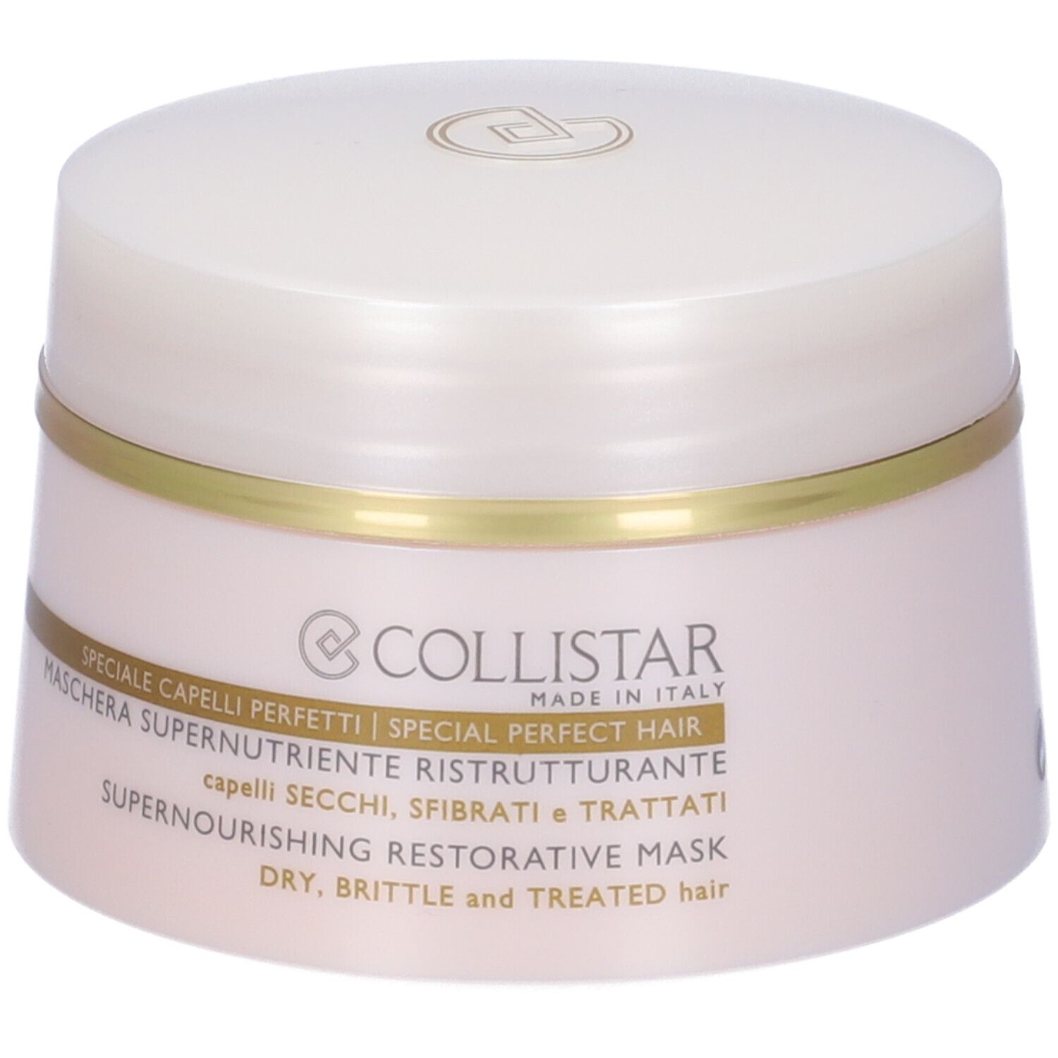 Vaso di crema con coperchio. Scritta: COLLISTAR, Maschera Supernutriente Ristrutturante. Per capelli secchi, sfibrati.