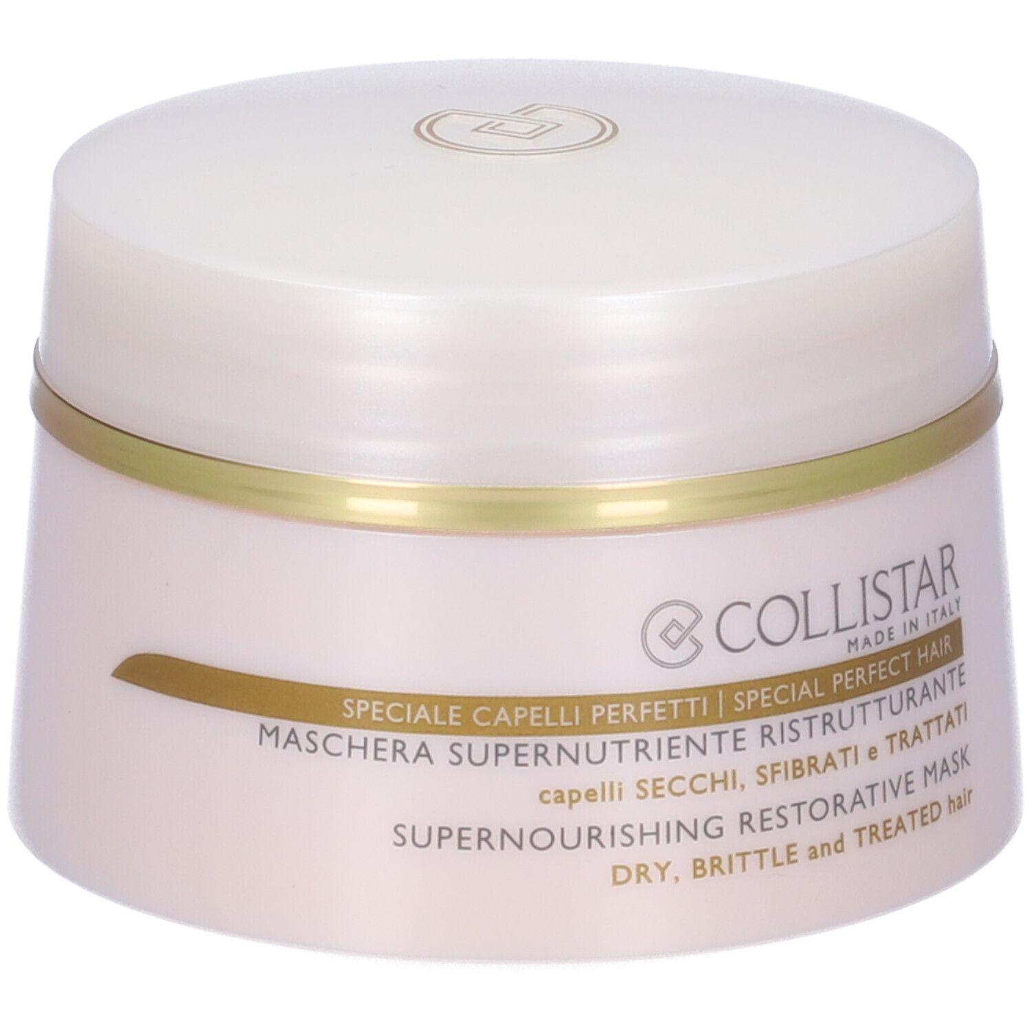 Vaso di crema con coperchio. Scritta: COLLISTAR, Maschera Supernutriente Ristrutturante. Per capelli secchi, sfibrati.