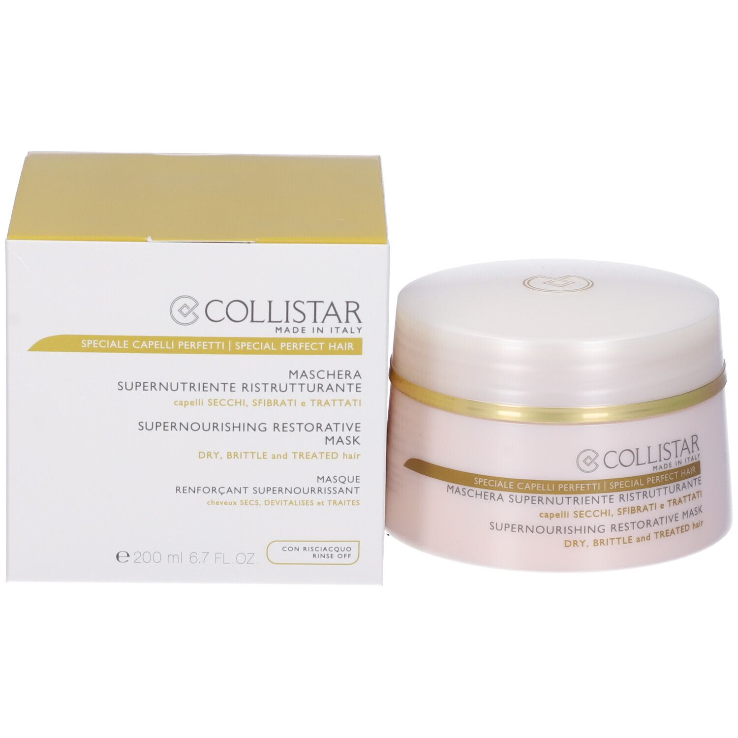 Vaso di crema e confezione. Scritta: COLLISTAR, Maschera Supernutriente Ristrutturante. 200 ml, 6.7 FL.OZ.