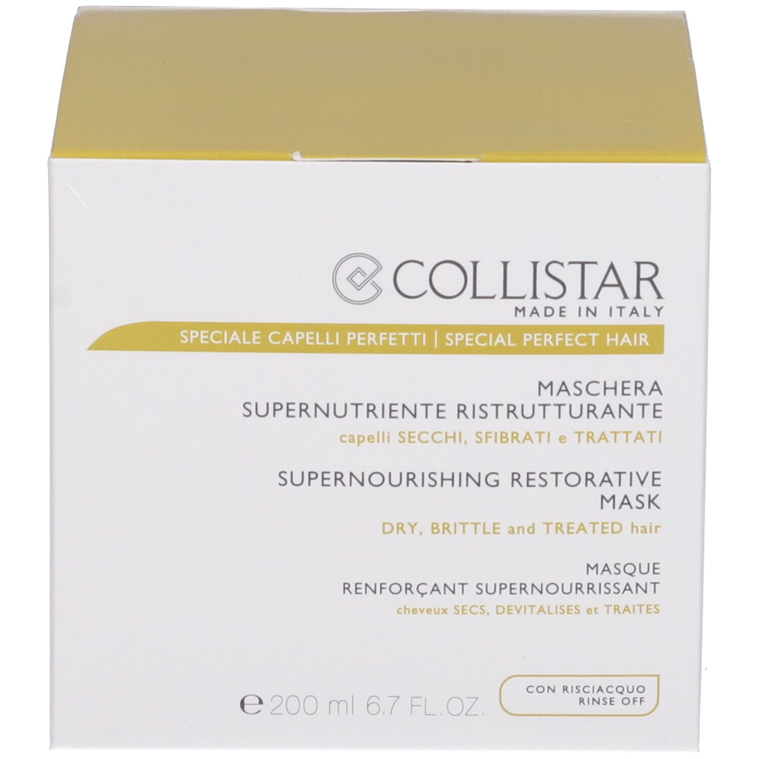 Confezione. Scritta: COLLISTAR, Maschera Supernutriente Ristrutturante. 200 ml, 6.7 FL.OZ. Con risciacquo.