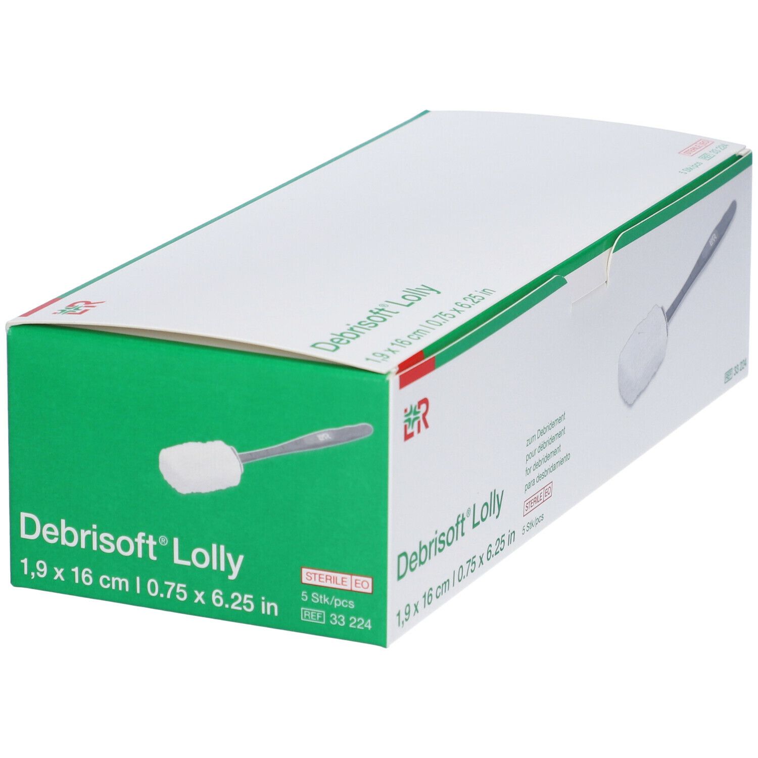 Confezione di Debrisoft® Lolly. Scatola bianca con campo verde. Nome del prodotto e dimensioni indicati. Simbolo sterile.