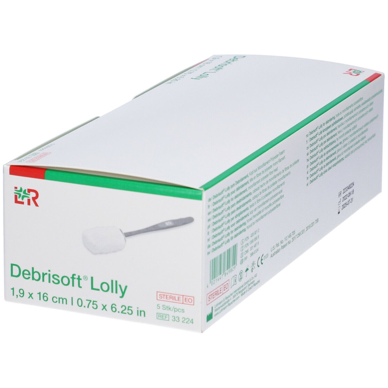 Confezione di Debrisoft® Lolly. Scatola bianca con campo verde. Nome del prodotto e dimensioni indicati. Simbolo sterile.