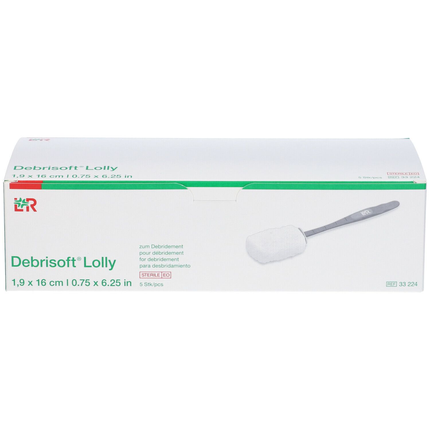 Confezione di Debrisoft® Lolly. Scatola bianca con striscia verde. Nome del prodotto e dimensioni indicati. Simbolo sterile.