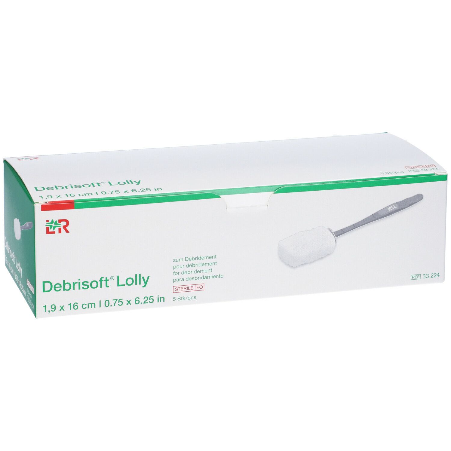 Confezione di Debrisoft® Lolly. Scatola bianca con striscia verde. Nome del prodotto e dimensioni indicati. Simbolo sterile.
