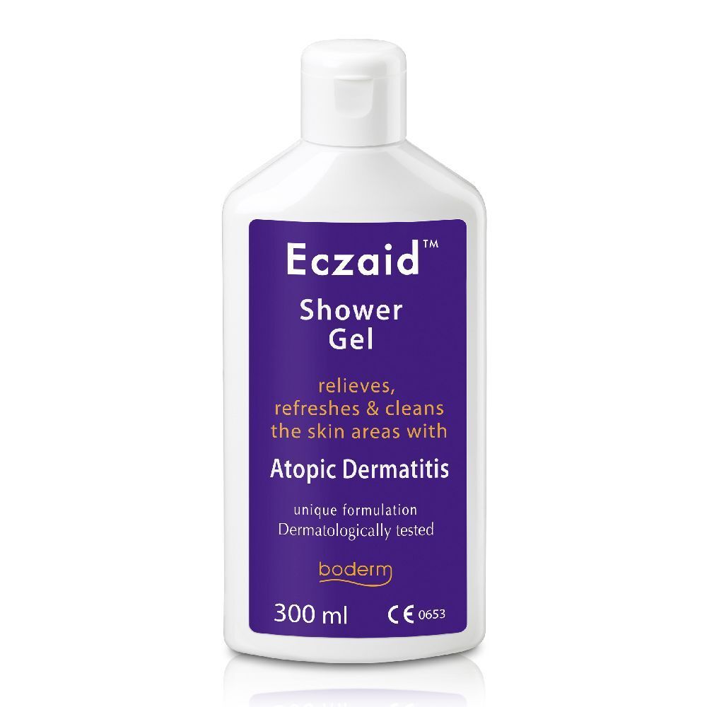 Flacone bianco con etichetta viola. Testo: Eczaid Shower Gel, per dermatite atopica. 300 ml.