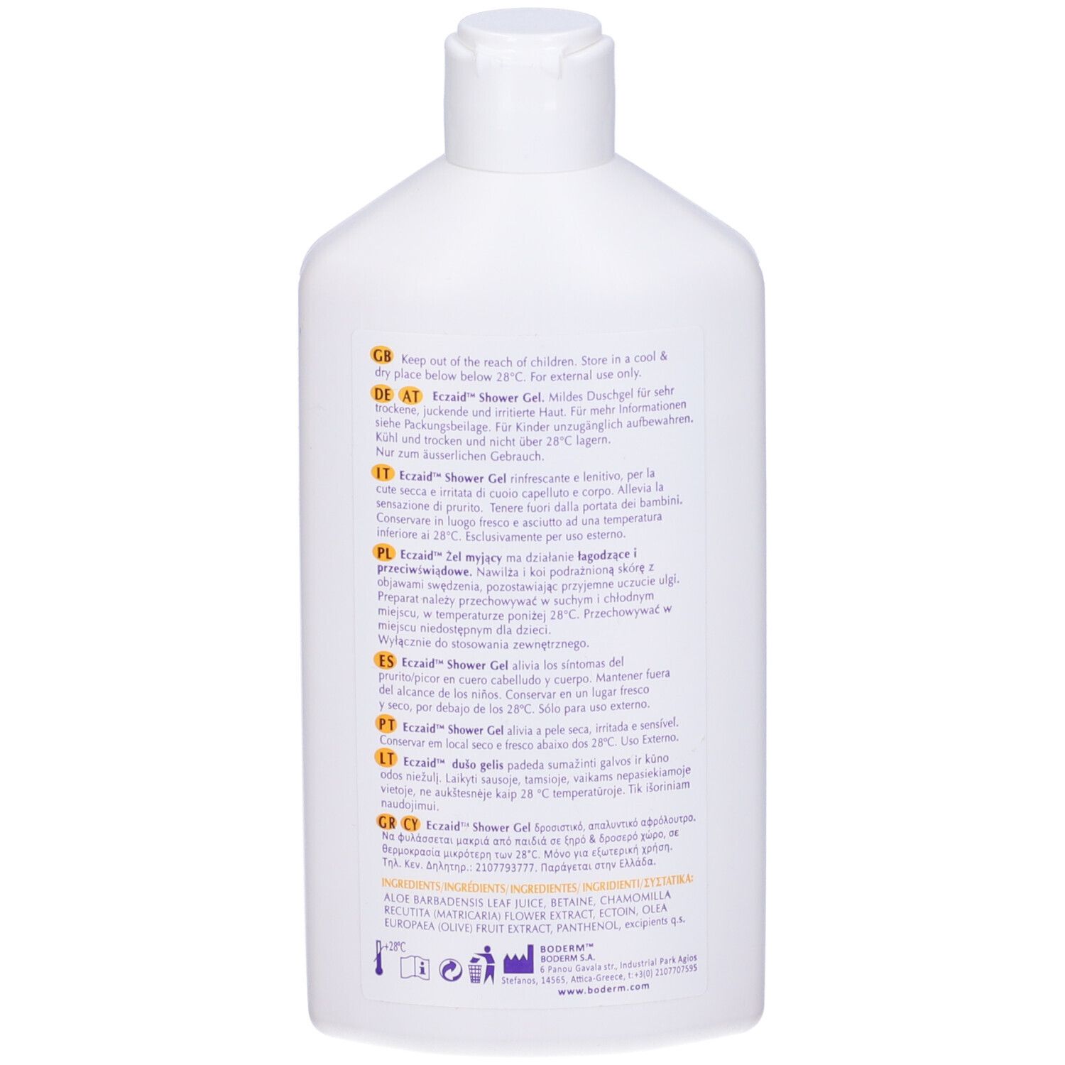 Retro del flacone bianco. Testo multilingue. Informazioni sul prodotto.