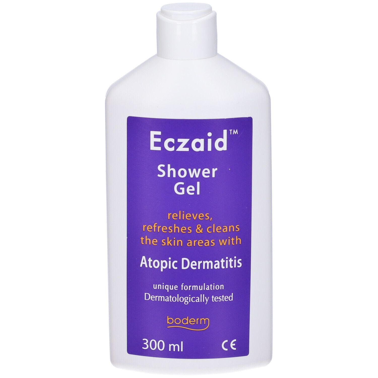 Flacone bianco con etichetta viola. Testo: Eczaid Shower Gel, per dermatite atopica. 300 ml.