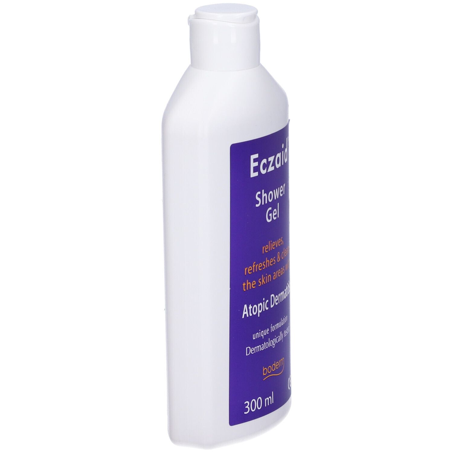 Flacone bianco, vista laterale con etichetta viola. Testo: Eczaid Shower Gel, per dermatite atopica.