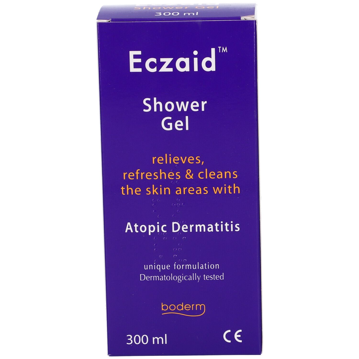 Confezione prodotto viola. Testo: Eczaid Shower Gel, per dermatite atopica. 300 ml.