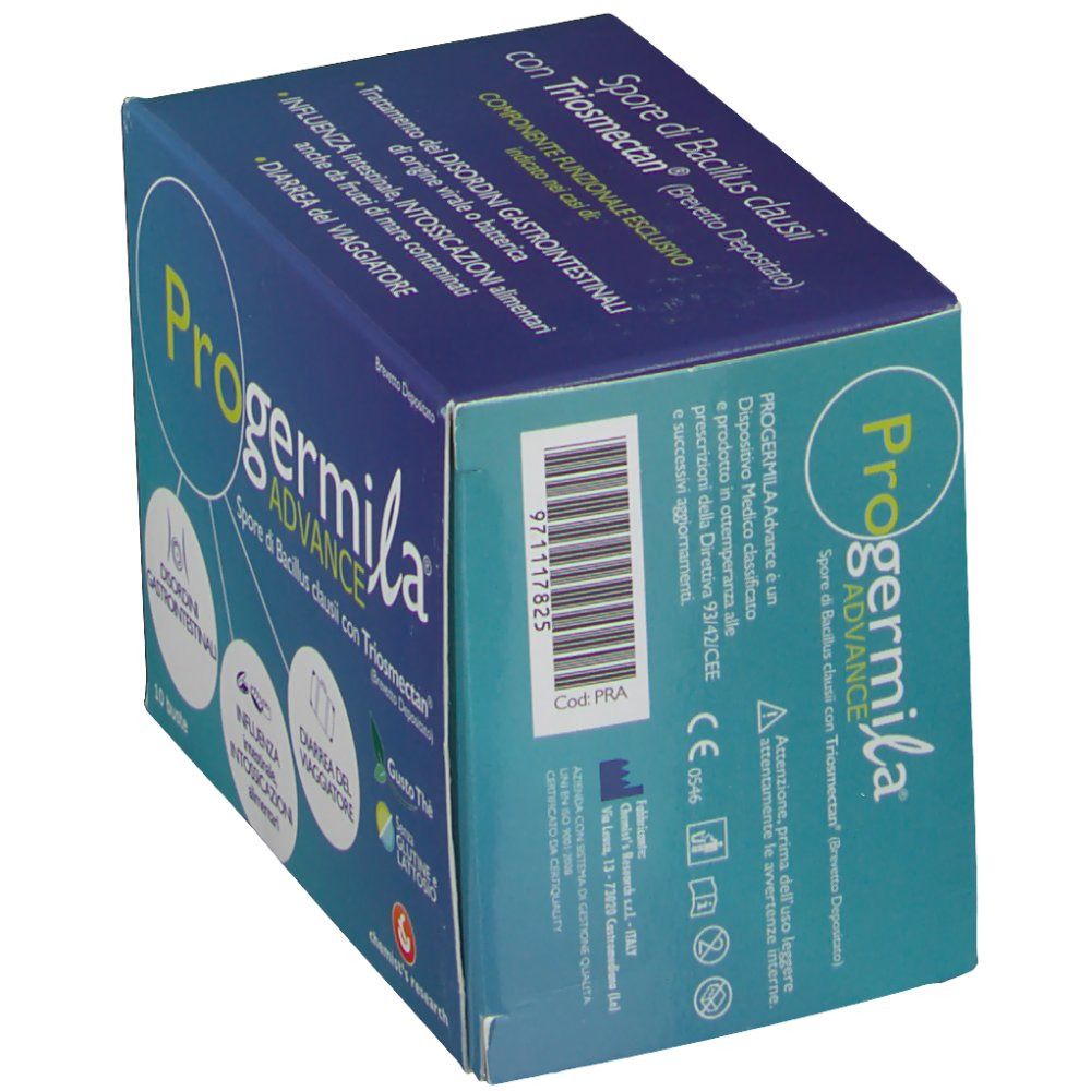 Scatola di Progermila Advance, blu. Nome e loghi visibili. Vista laterale.