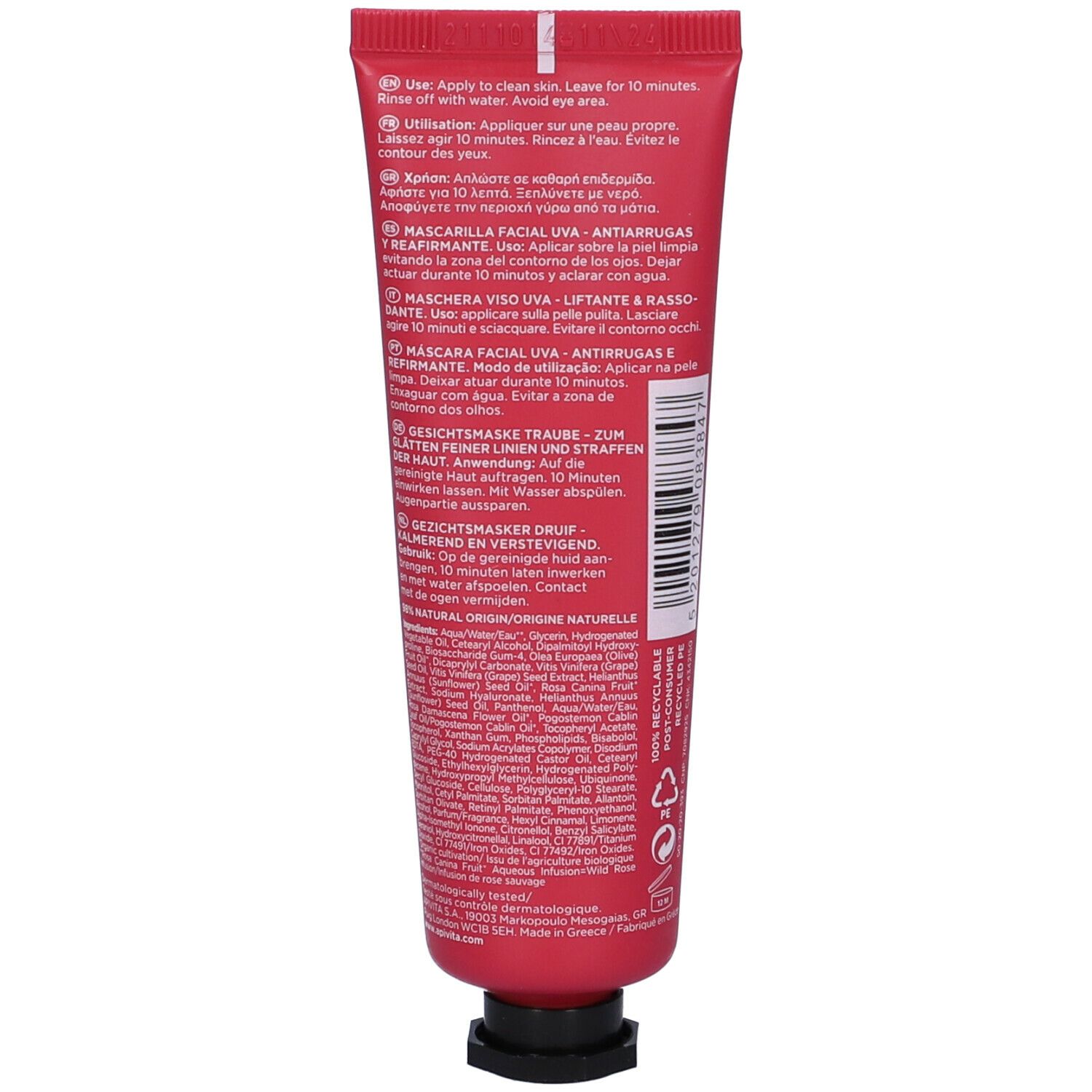 Retro di un tubo rosso. Testo in più lingue. Chiusura nera. Simbolo di riciclaggio.