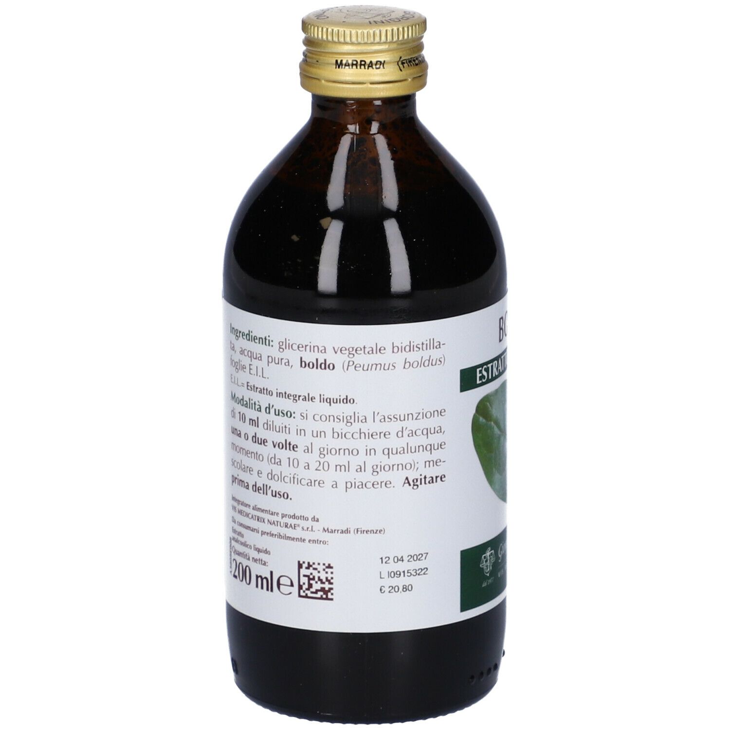 Flacone in vetro marrone con etichetta. Contiene informazioni sugli ingredienti e l'uso. Tappo dorato.