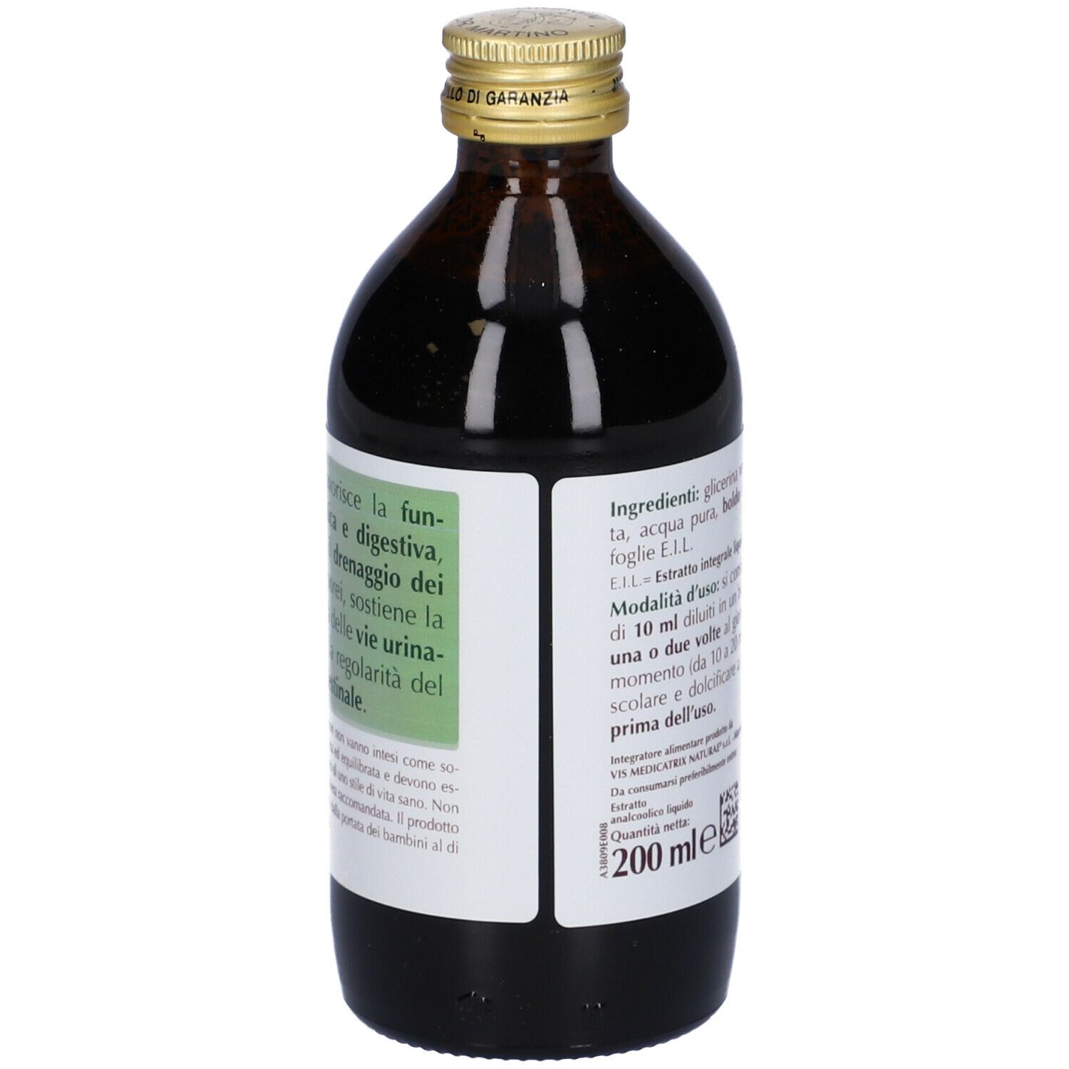 Flacone in vetro marrone con etichetta. Contiene informazioni sugli ingredienti e l'uso. Tappo dorato.