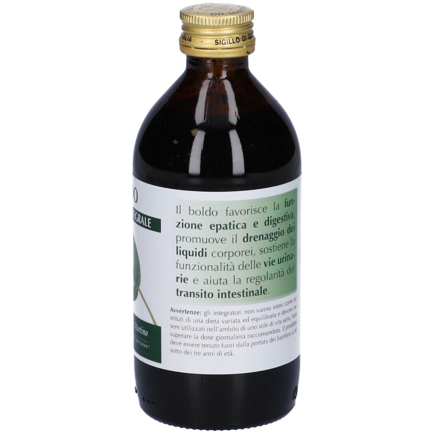 Flacone in vetro marrone con etichetta. Contiene informazioni sugli ingredienti e l'uso. Tappo dorato.