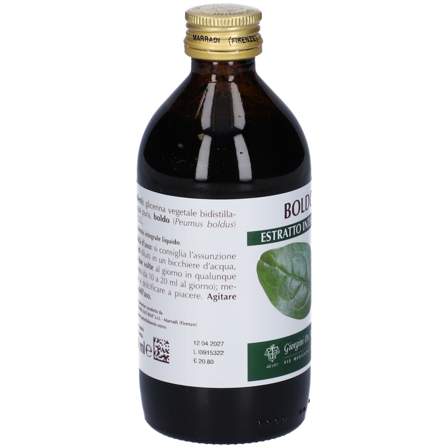 Flacone in vetro marrone con etichetta. Contiene informazioni sugli ingredienti e l'uso. Tappo dorato.