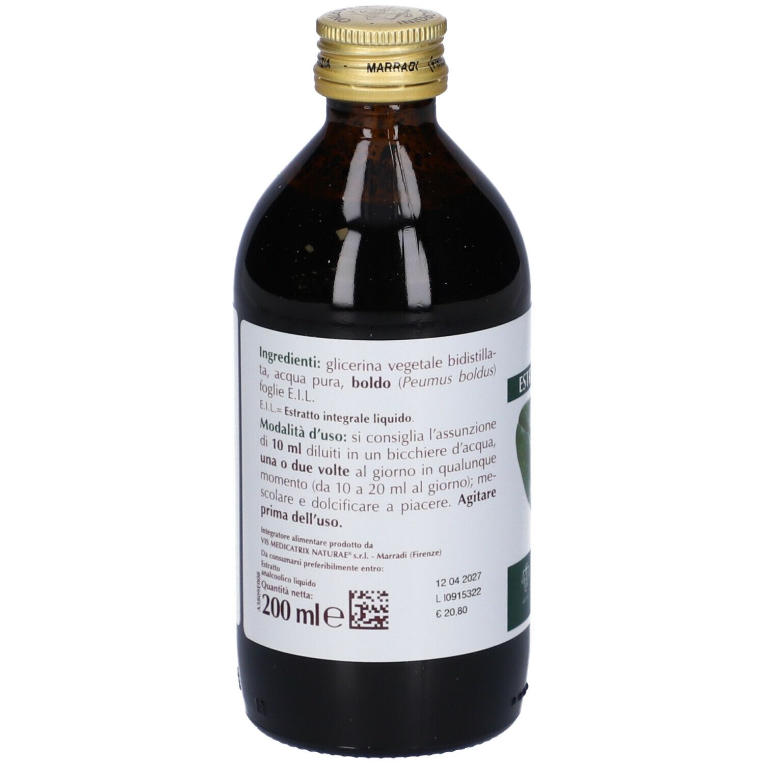 Flacone in vetro marrone con etichetta. Contiene informazioni sugli ingredienti e l'uso. Tappo dorato.