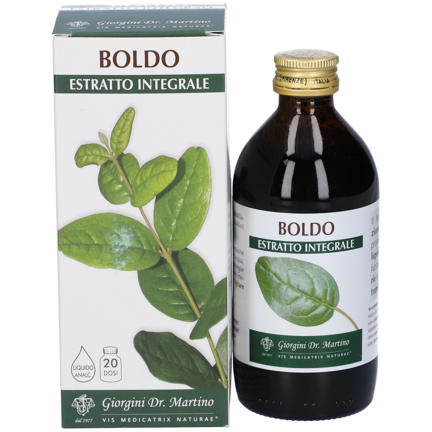 Confezione del prodotto Boldo. Flacone e scatola. Confezione verde e bianca con foglie.