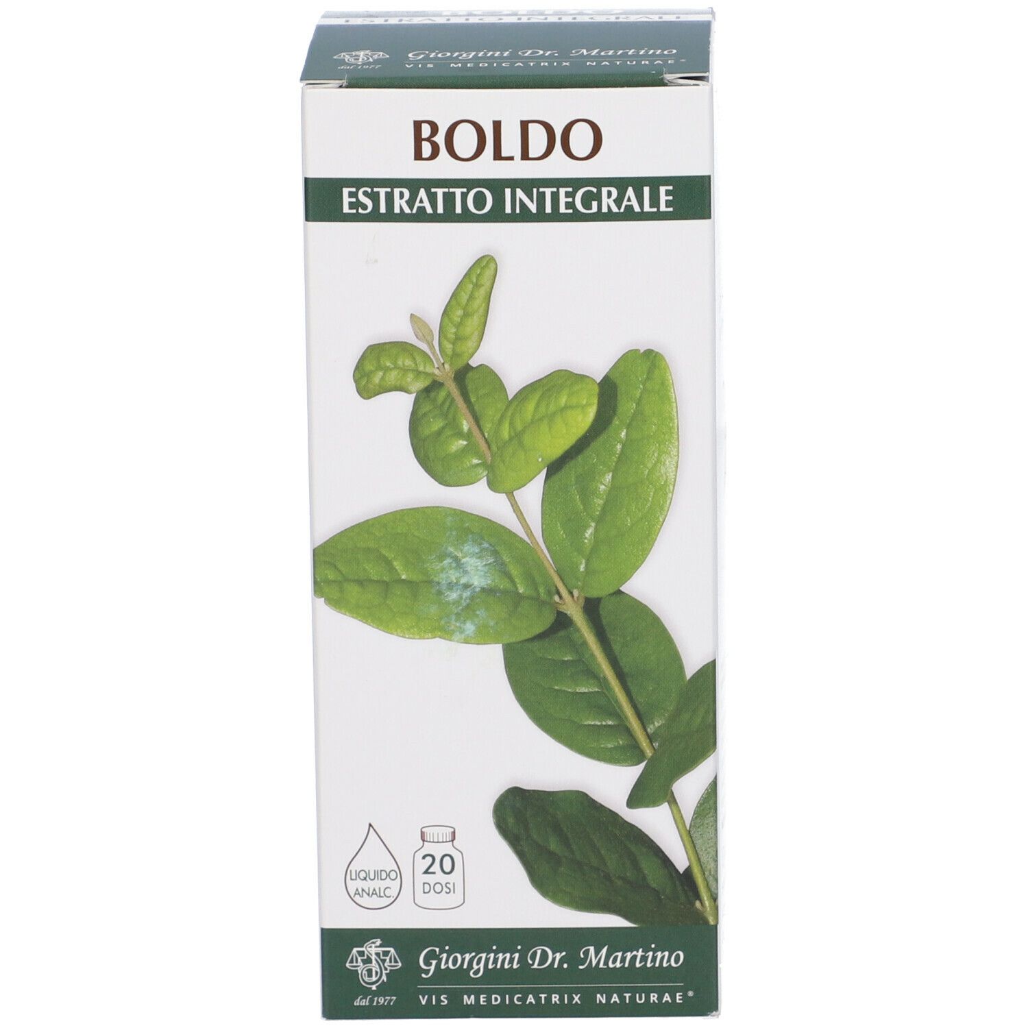 Confezione del prodotto Boldo. Scatola verde e bianca con foglie e nome del prodotto.