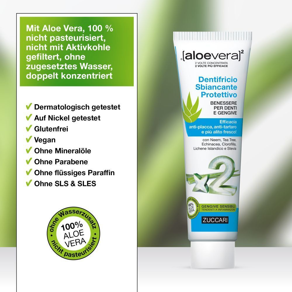 Tubo di dentifricio accanto al testo. Testo: Con Aloe Vera, 100% non pastorizzato, senza aggiunta di acqua. Dermatologicamente testato, vegano.