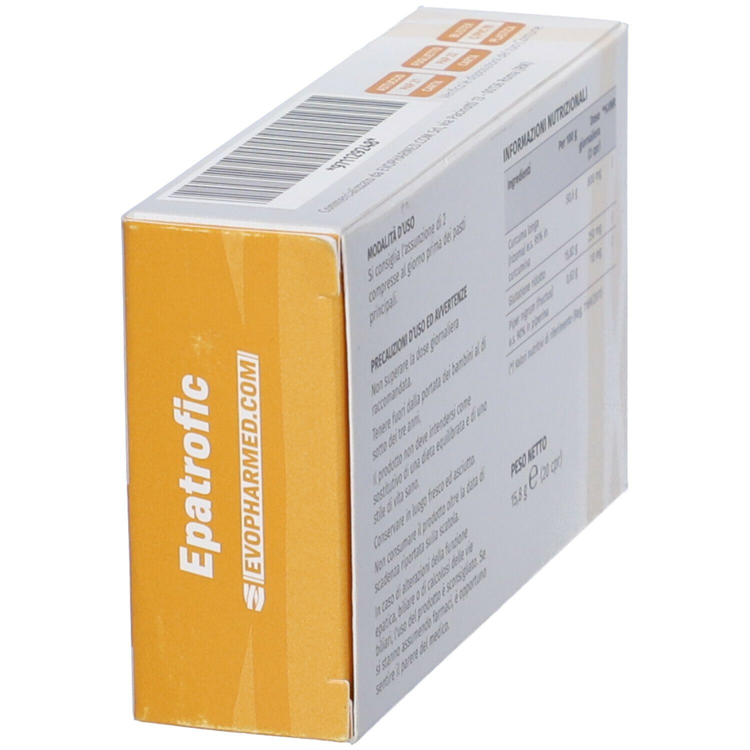 Scatola in diagonale. Retro con informazioni. Testo in italiano. Riquadro arancione con scritta Epatrofic.