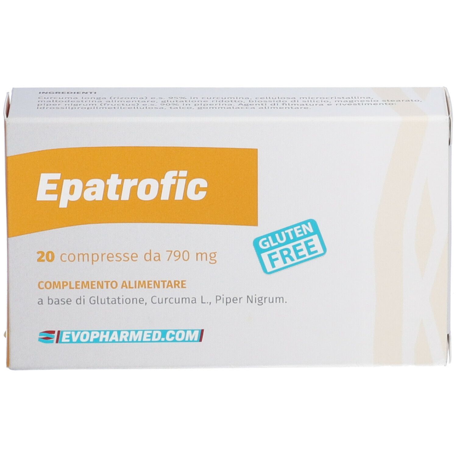 Scatola bianca con riquadro arancione. Scritta: Epatrofic, 20 compresse, senza glutine. Logo: Evopharmed.com.