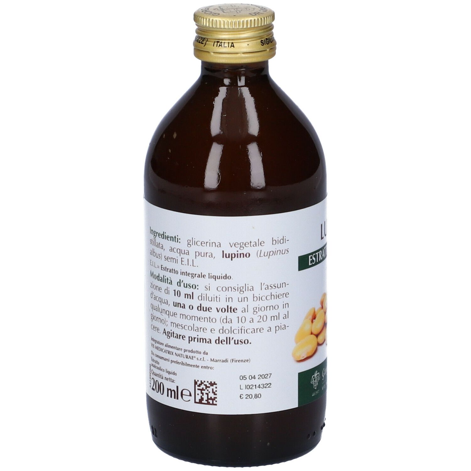 Bottiglia di vetro marrone con etichetta. L'etichetta riporta Lupino Estratto Integrale e informazioni su ingredienti e utilizzo.