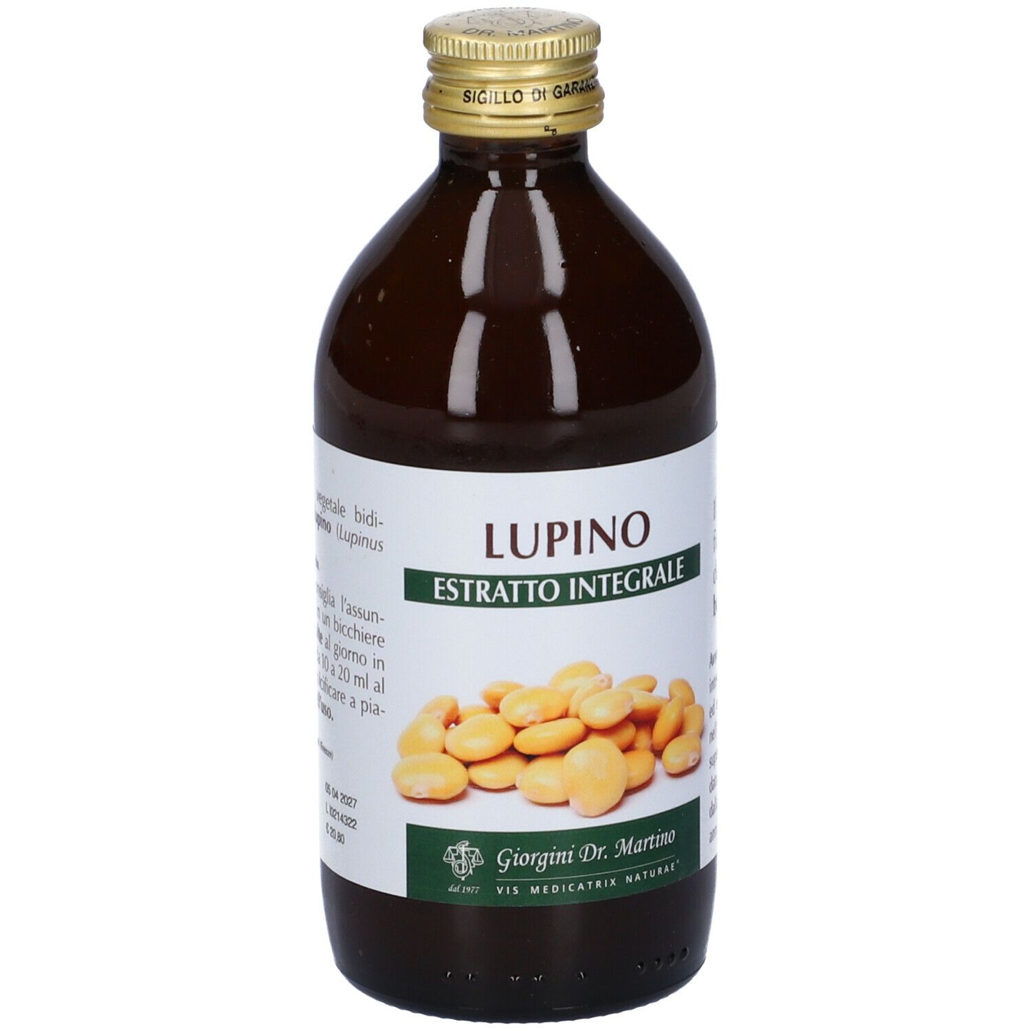 Bottiglia di vetro marrone con etichetta. L'etichetta riporta Lupino Estratto Integrale e sono raffigurati lupini.