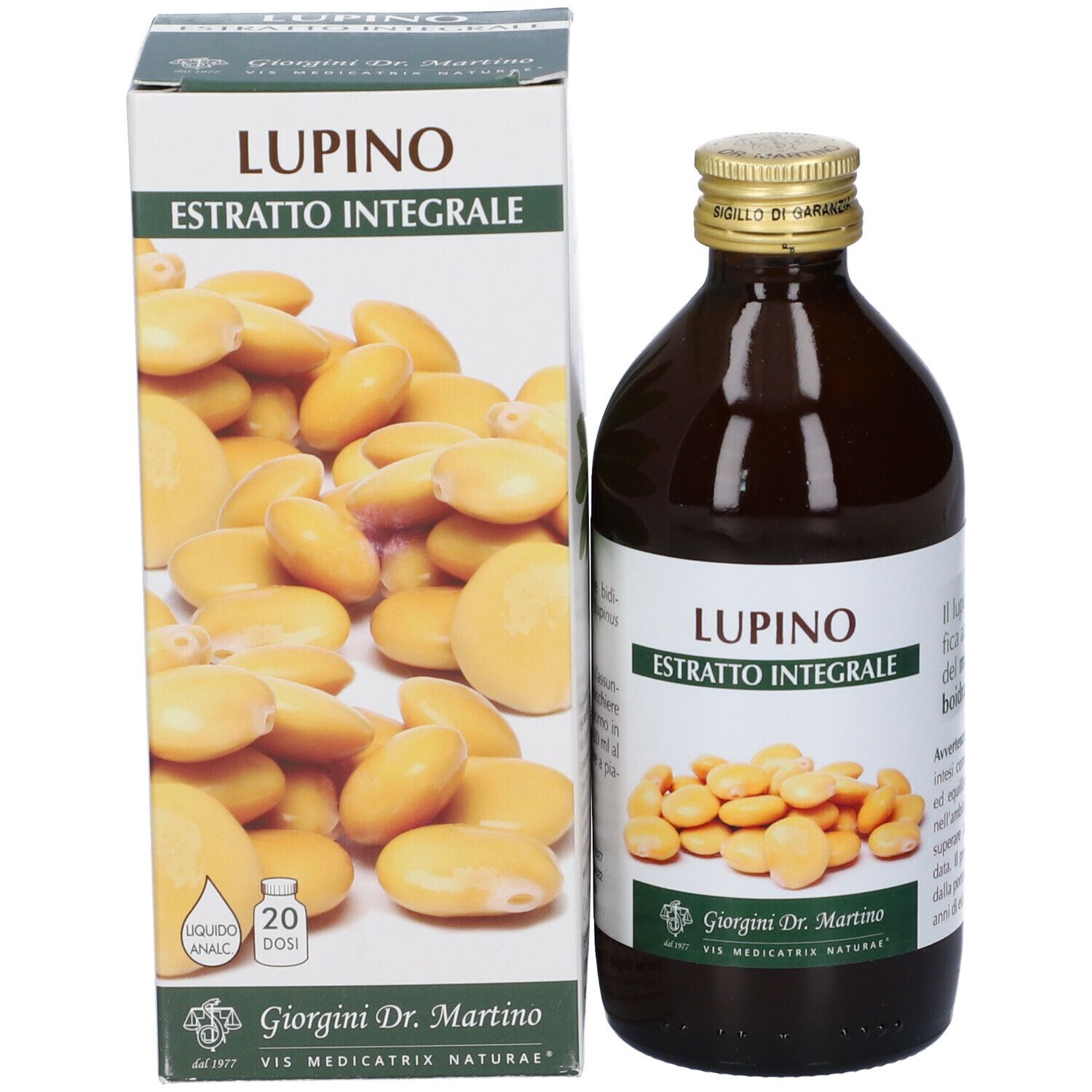 Bottiglia di vetro marrone e scatola con scritta del prodotto Lupino Estratto Integrale. Sulla scatola sono raffigurati lupini.