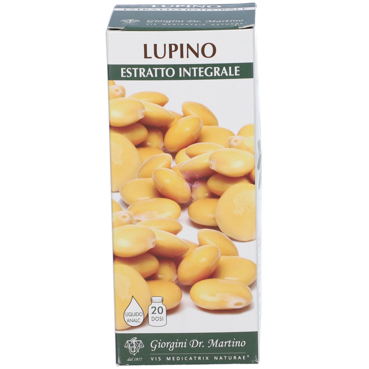 Scatola con scritta del prodotto Lupino Estratto Integrale. Sulla scatola sono raffigurati lupini.