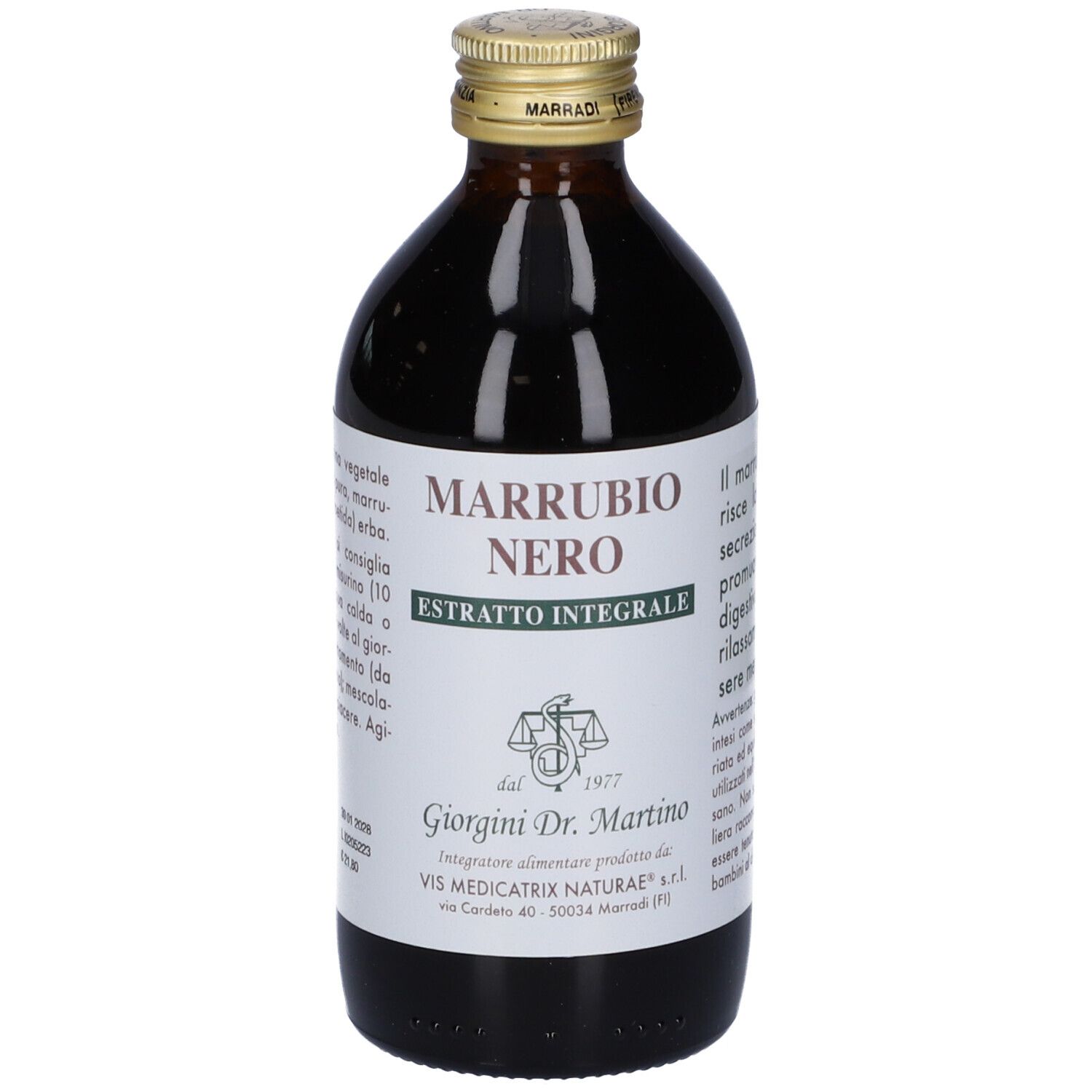 Bottiglia di vetro marrone con tappo dorato. Etichetta con scritta: Marrubio Nero Estratto Integrale. Marchio Giorgini Dr. Martino.