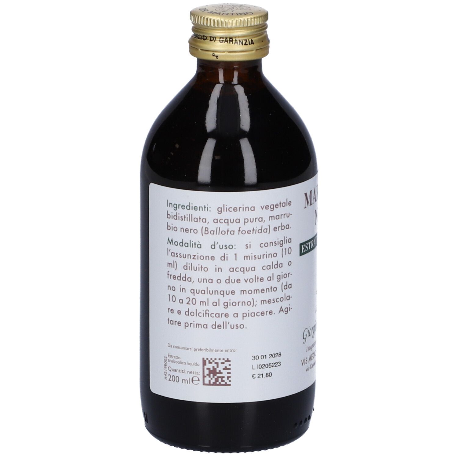 Bottiglia di vetro marrone con etichetta. Scritta: Marrubio Nero Estratto Integrale. Marchio Giorgini Dr. Martino. Ingredienti sul retro.