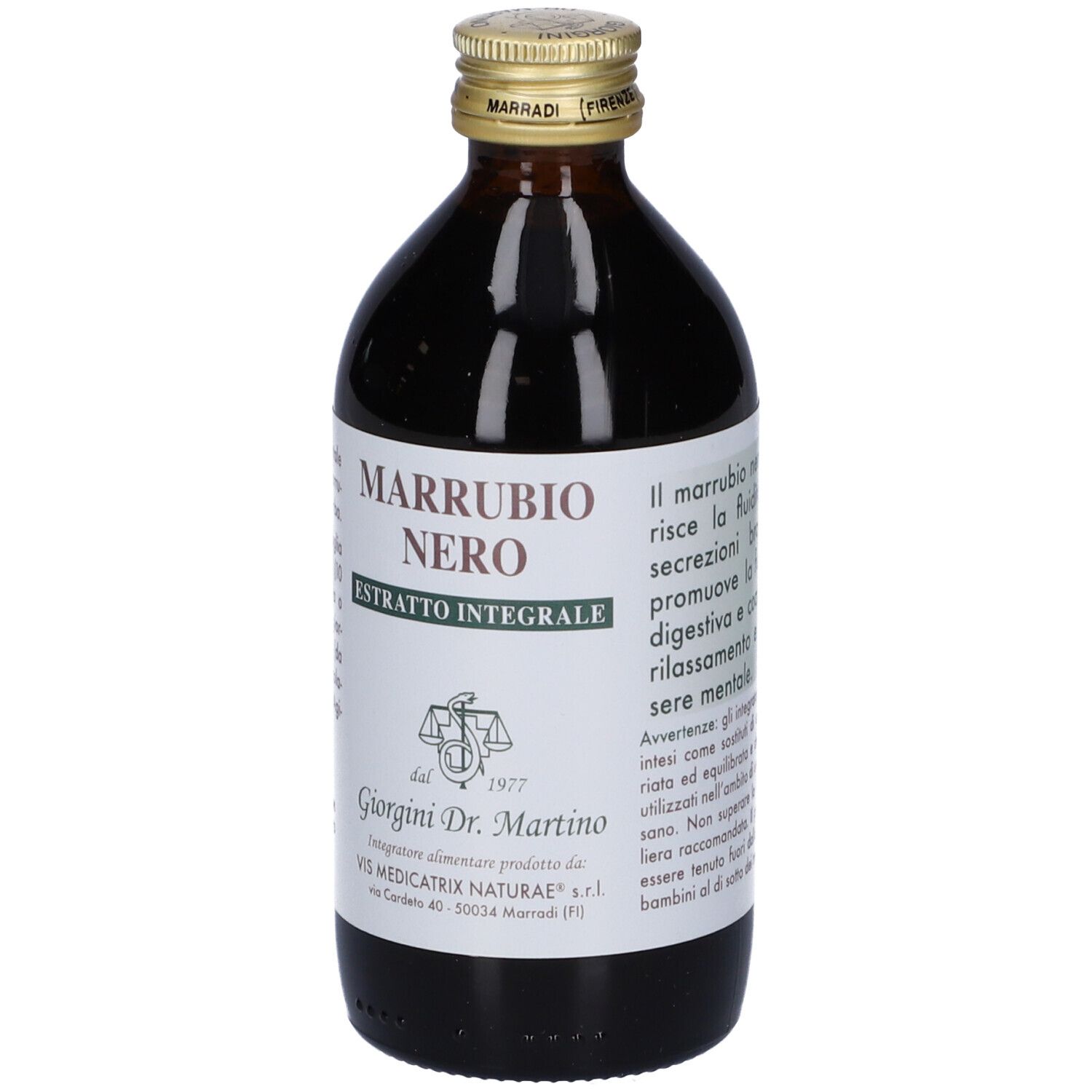 Bottiglia di vetro marrone con etichetta. Scritta: Marrubio Nero Estratto Integrale. Marchio Giorgini Dr. Martino. Testo sui benefici.