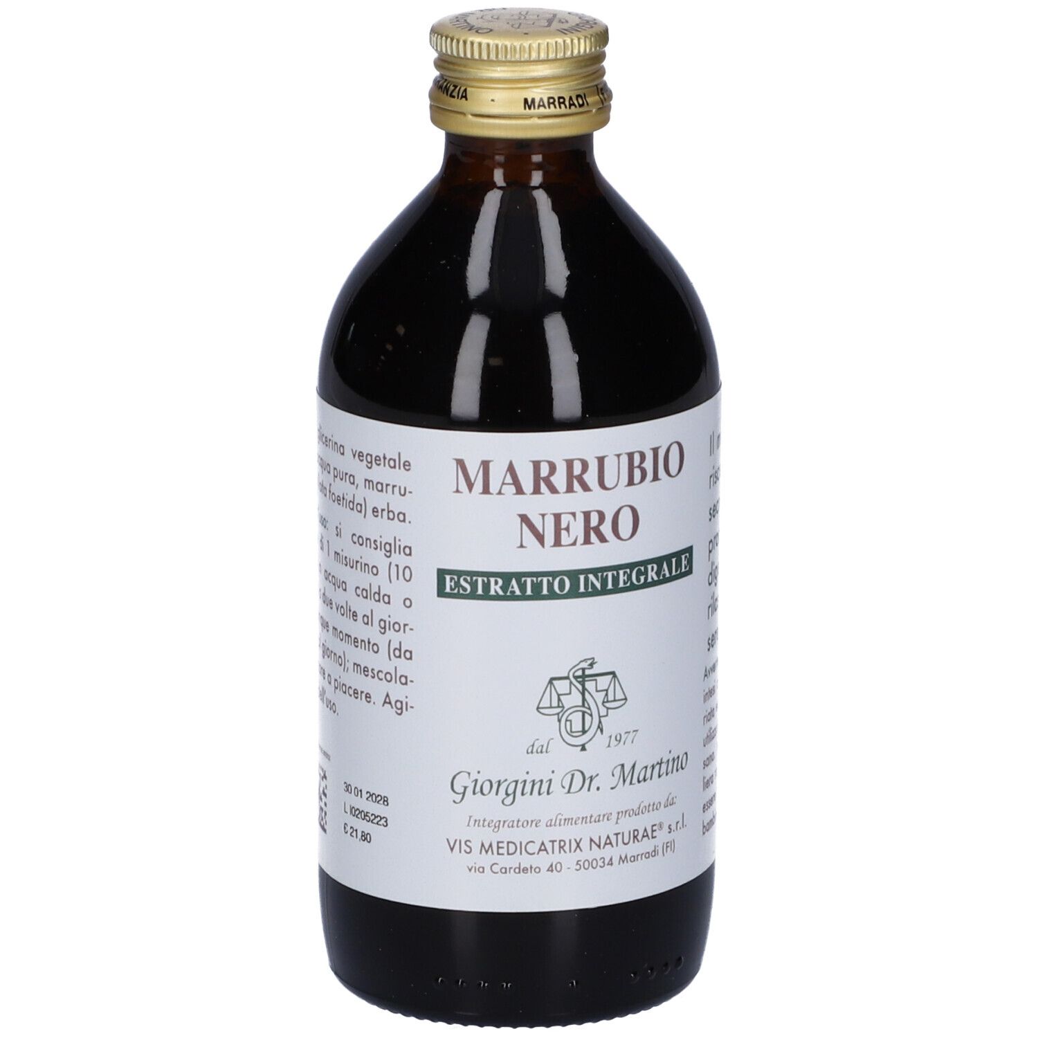 Bottiglia di vetro marrone con etichetta. Scritta: Marrubio Nero Estratto Integrale. Marchio Giorgini Dr. Martino. Etichetta con testo.