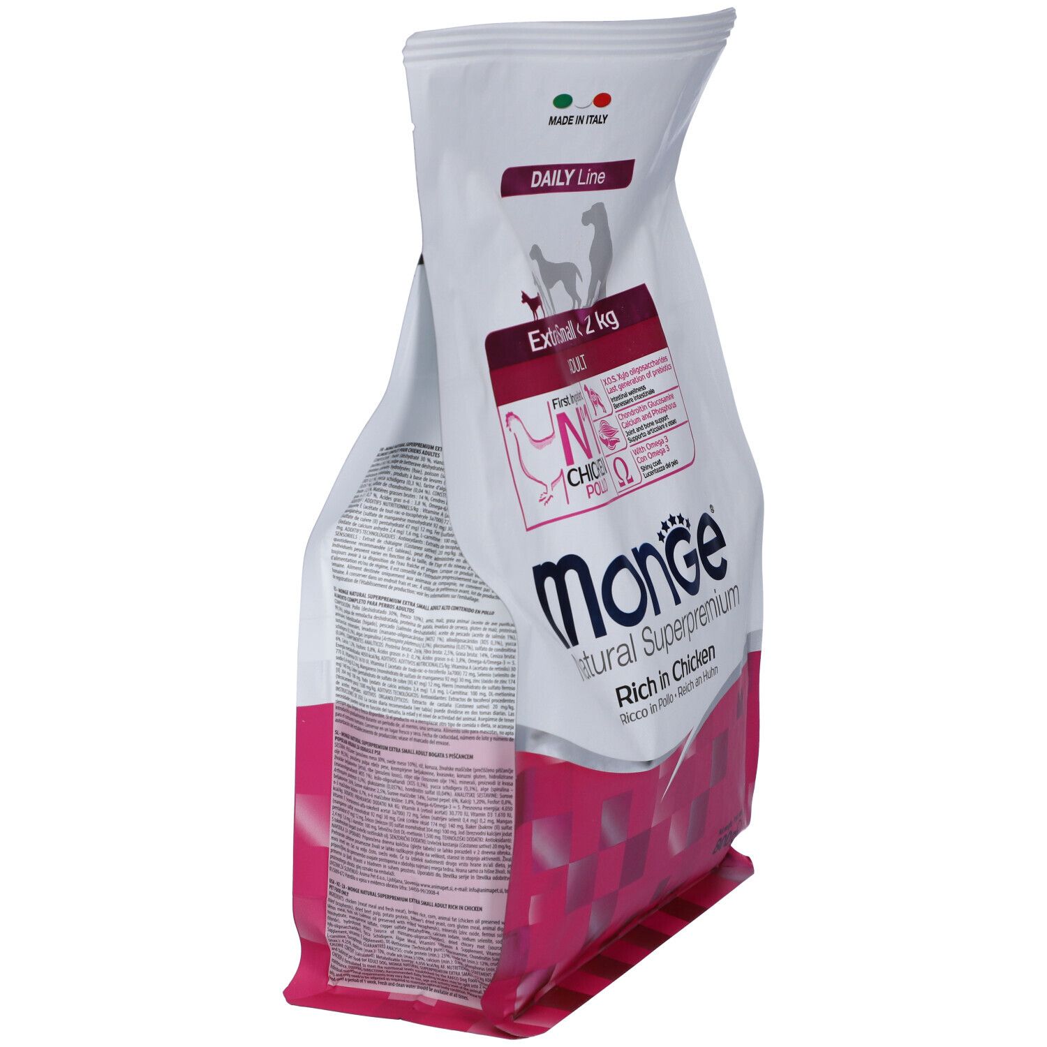 Sacchetto di cibo per cani Monge Daily Line, Extra Small Adult, 2 kg, ricco di pollo. Vista laterale della confezione con testo.