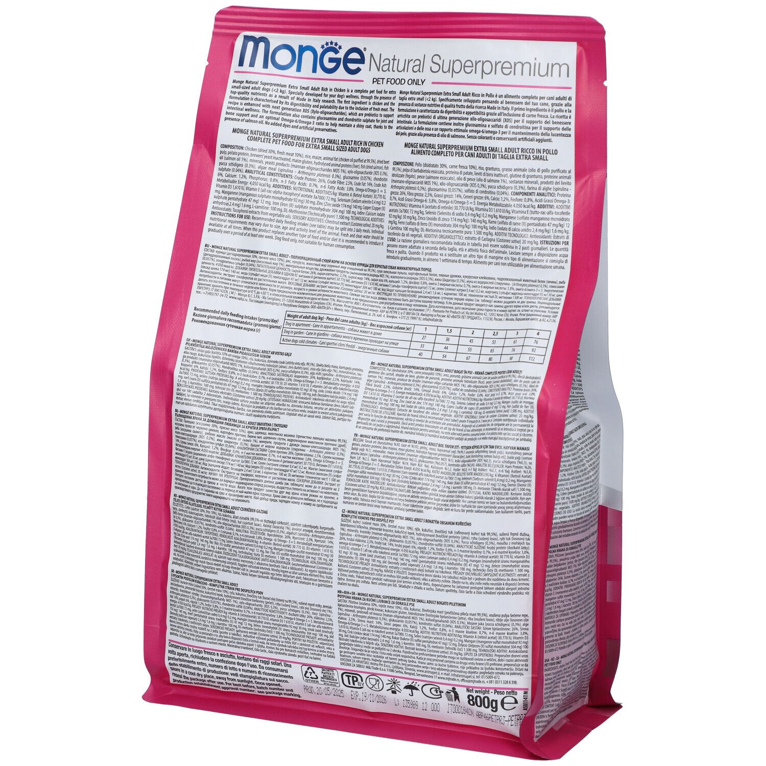 Retro del sacchetto di cibo per cani Monge Daily Line. Informazioni testuali su ingredienti e valori nutrizionali.