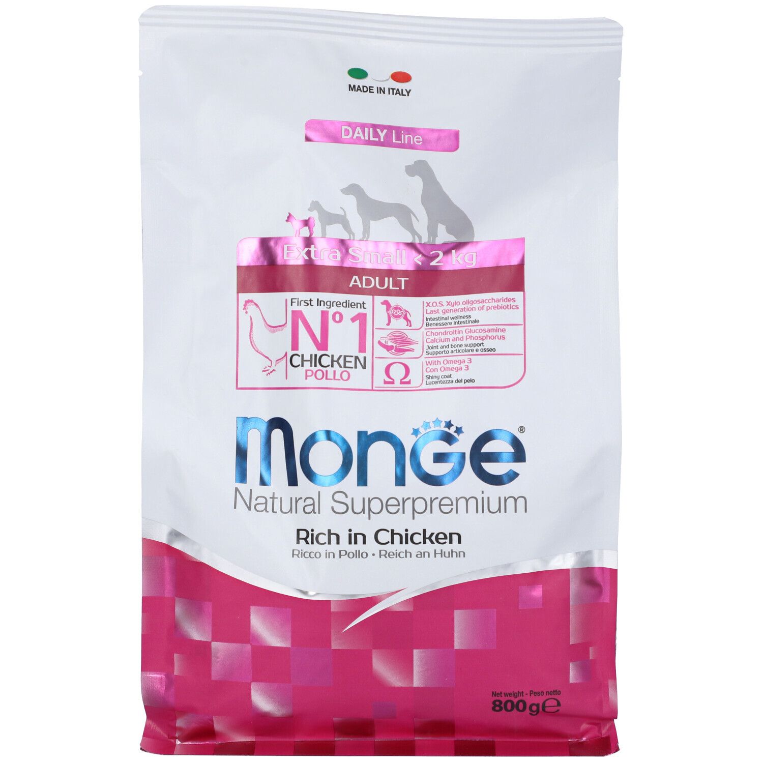 Sacchetto di cibo per cani Monge Daily Line, Extra Small Adult, 2 kg, ricco di pollo. Vista frontale con logo e informazioni.