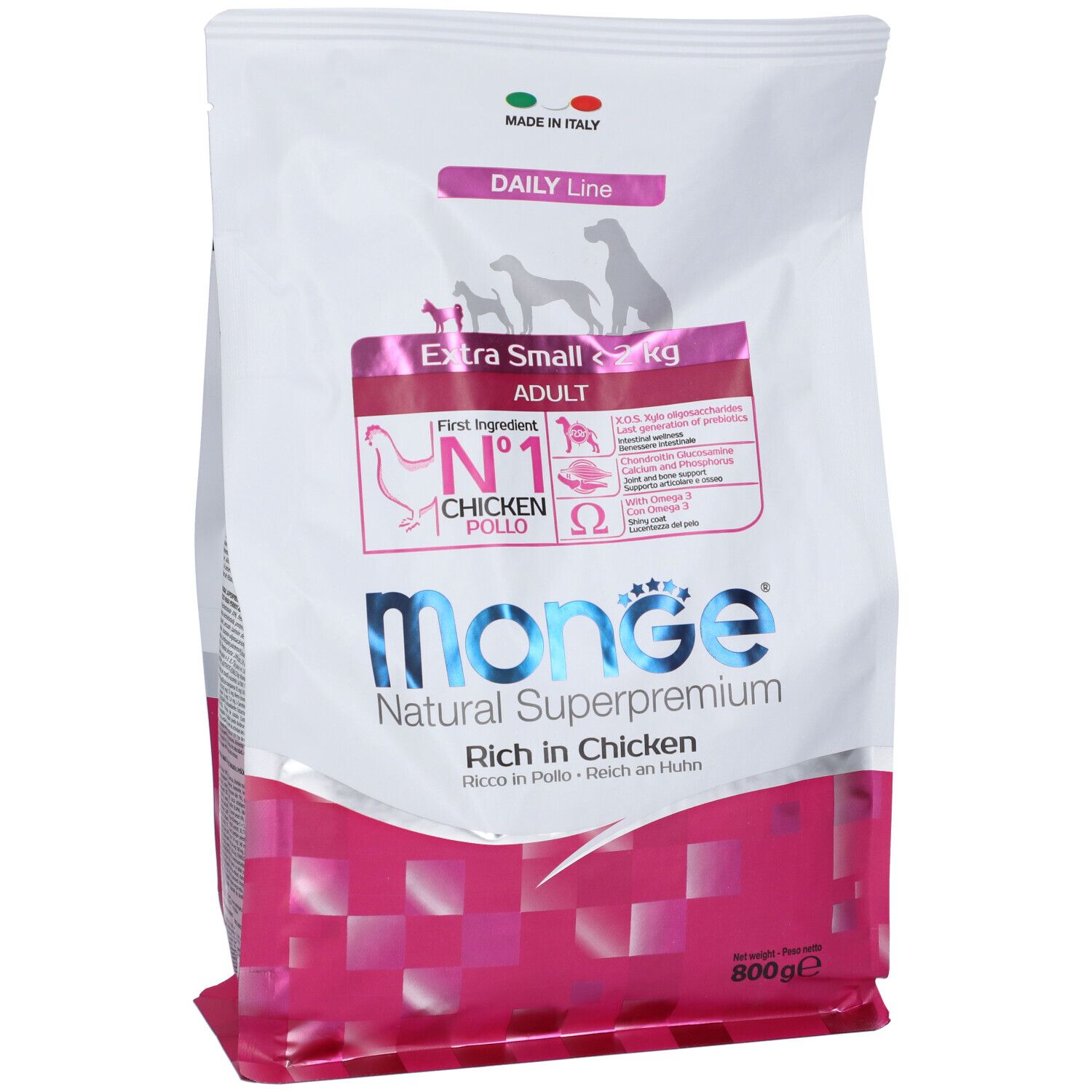 Sacchetto di cibo per cani Monge Daily Line, Extra Small Adult, 2 kg, ricco di pollo. Vista frontale con logo e informazioni.