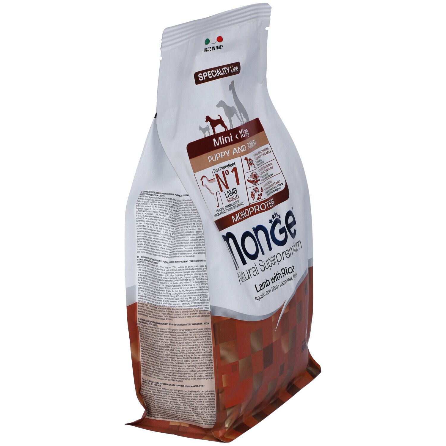 Sacchetto di cibo per cani Monge, in diagonale. Mini Puppy & Junior con agnello e riso. Monoproteico. Prodotto in Italia. Linea speciale.