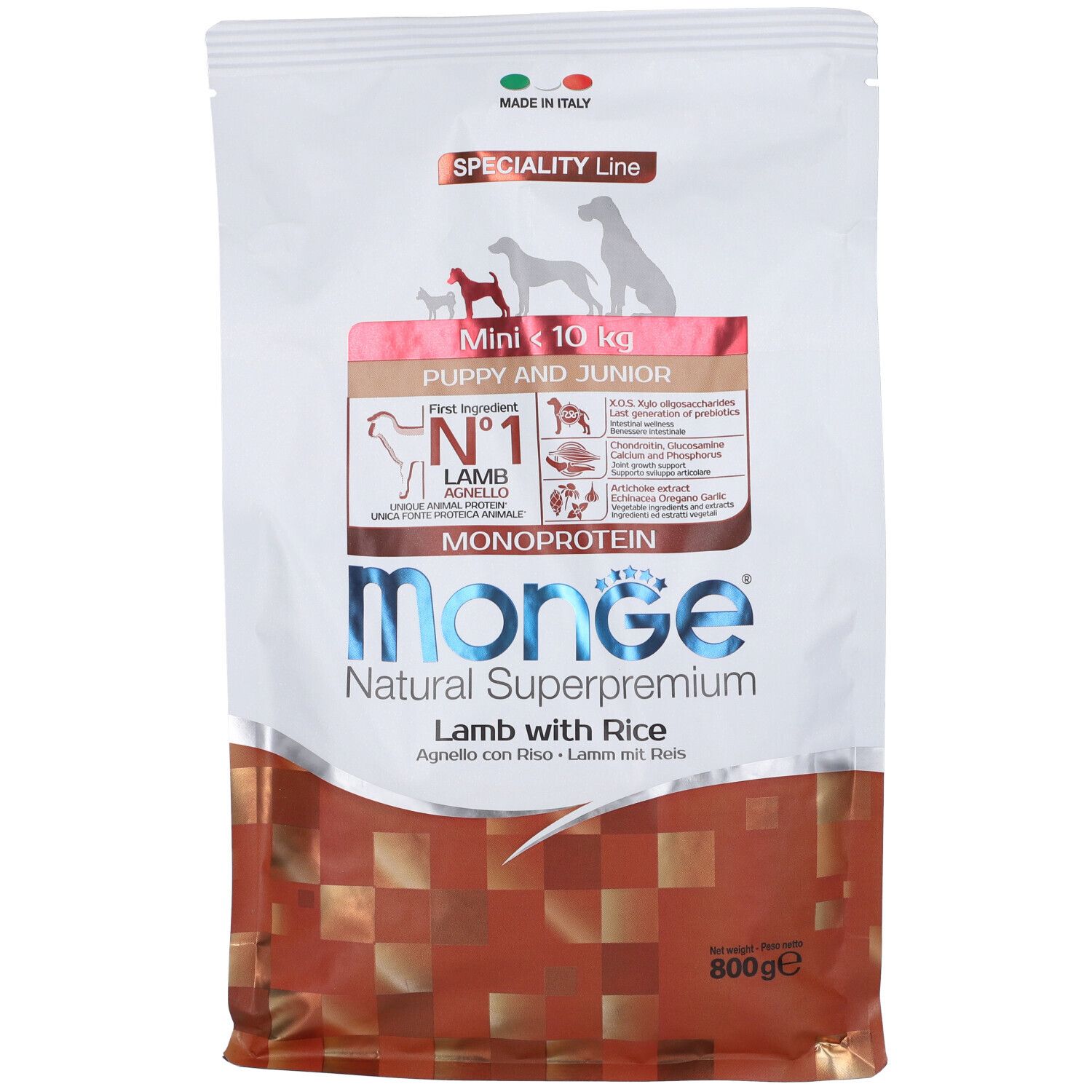 Sacchetto di cibo per cani Monge. Mini Puppy & Junior con agnello e riso. 800g. Monoproteico. Prodotto in Italia. Linea speciale.