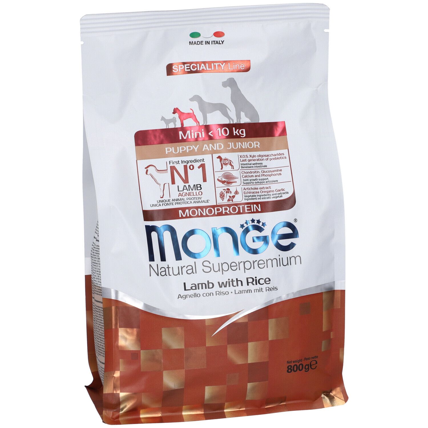 Sacchetto di cibo per cani Monge. Mini Puppy & Junior con agnello e riso. 800g. Monoproteico. Prodotto in Italia. Linea speciale.