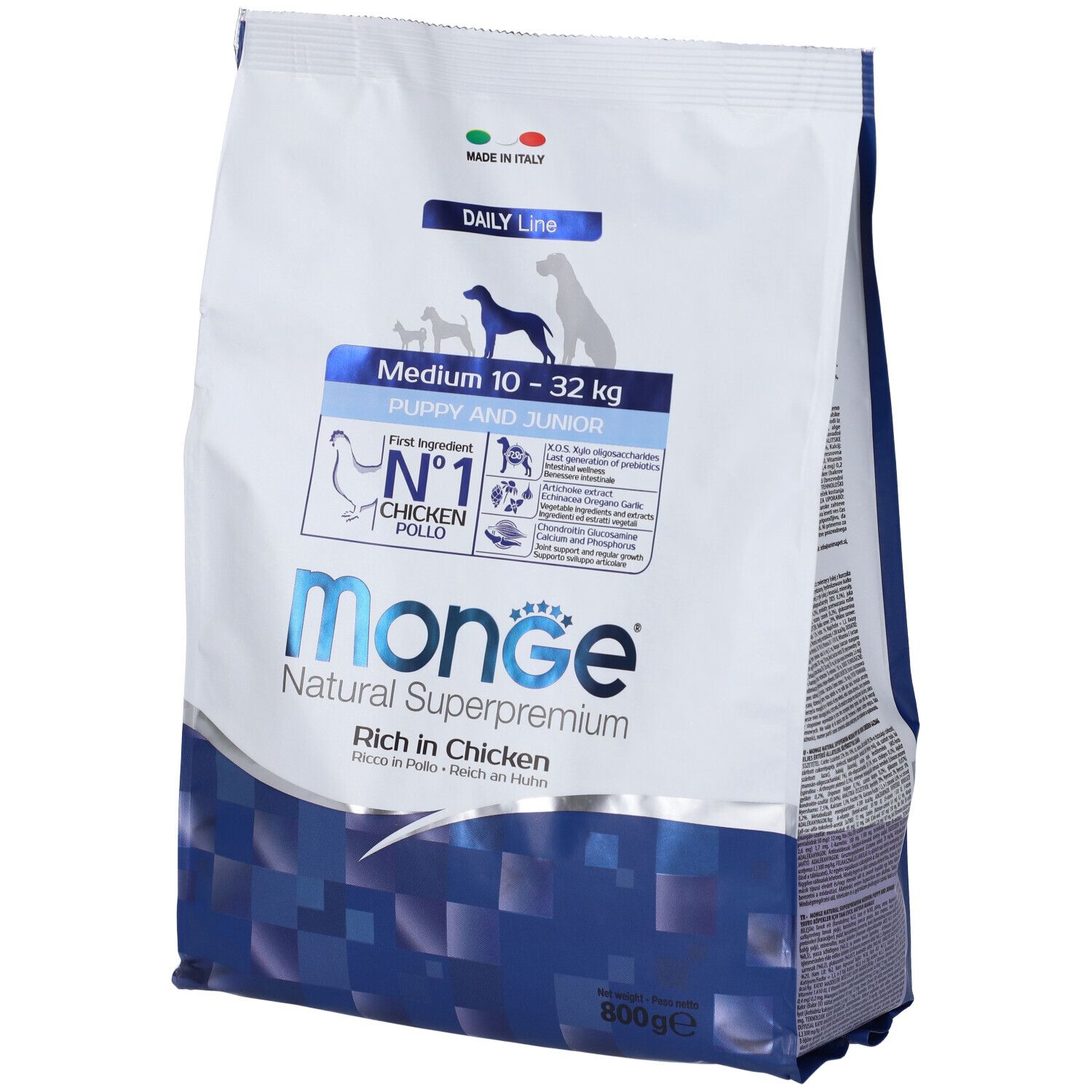 Sacchetto di cibo per cani Monge Daily Line, Medium Puppy & Junior, pollo. Design bianco e blu. Contiene 800g.